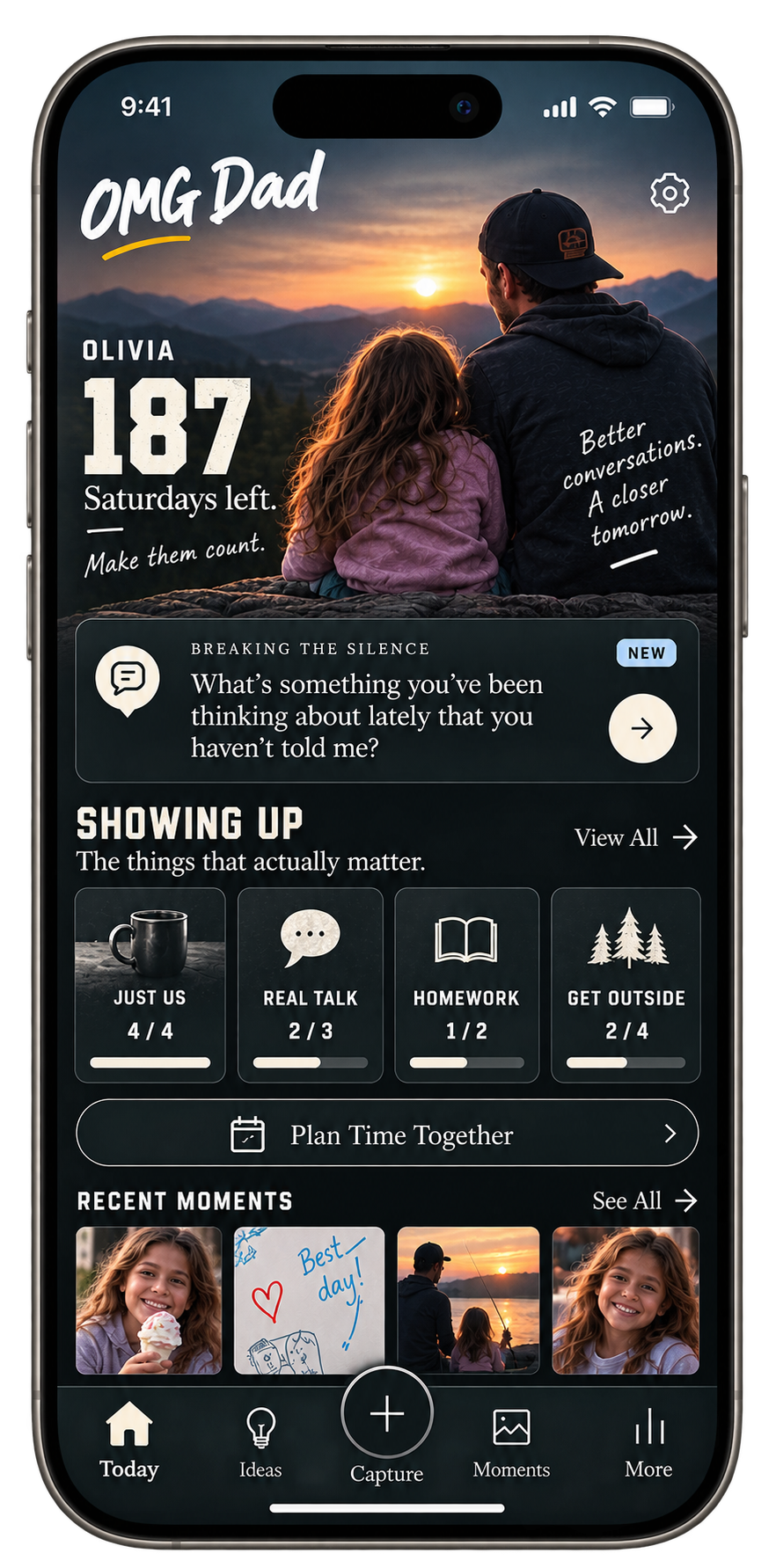 OMG Dad app showing an Our Time streak with weekly check-ins